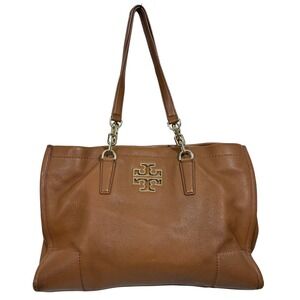 Tory Burch Amanda Classic Pebbled Leather Tote Bag Tan Brown Gold Logo